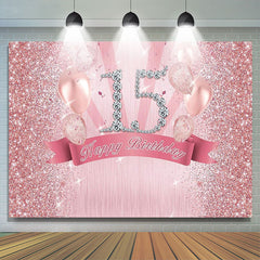 Lofaris Pink Glitter Balloons Diamond 15 Happy Birthday Backdrop