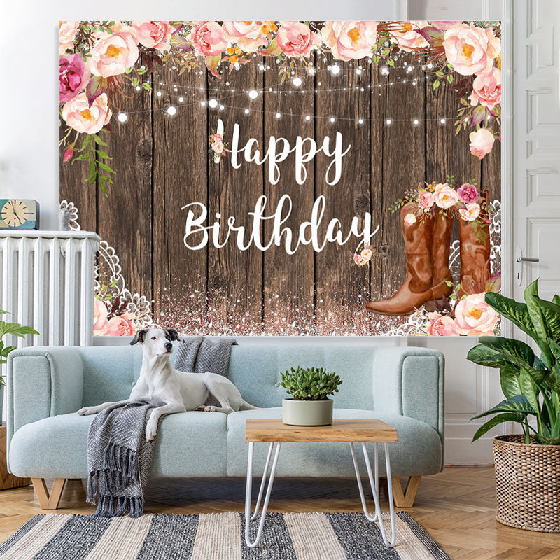 Lofaris Pink Glitter Floral Wooden Happy Birthday Backdrop