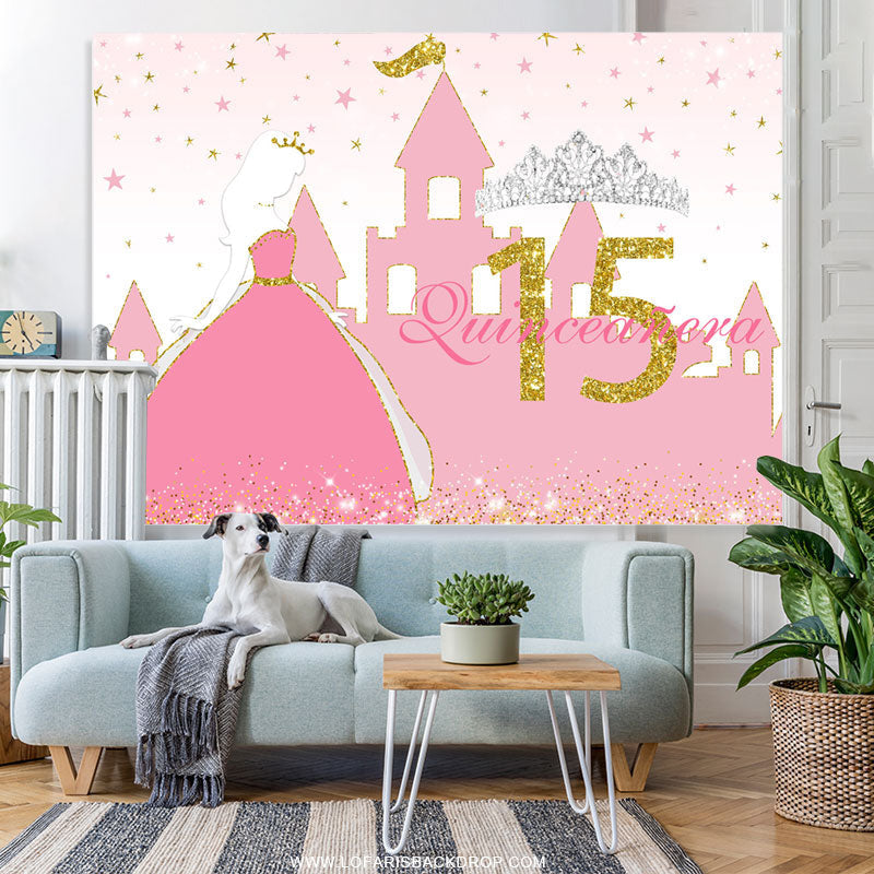 Lofaris Pink Glitter Golden Sweet 15 Happy Birthday Backdrop