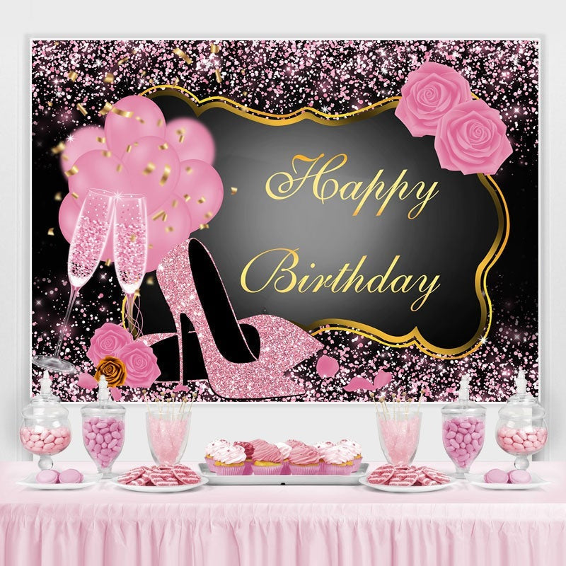 Lofaris Pink Glitter Happy Birthday Backdrop for Women Girls