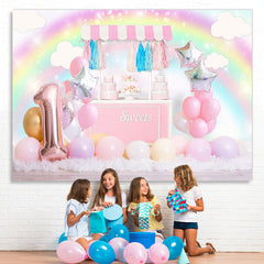 Lofaris Pink Glitter Sweet Balloon Rainbow 1St Birthday Backdrop