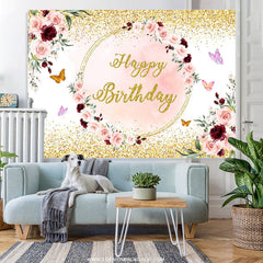 Lofaris Pink Gloden Floral Butterfly Happy Birthday Backdrop