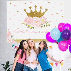 Lofaris Pink Gold Crown Flowers Baby Shower Backdrop for Girl