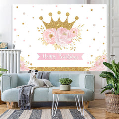 Lofaris Pink Gold Floral Crown Happy Birthday Party Backdrop for Girl