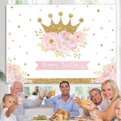 Lofaris Pink Gold Floral Crown Happy Birthday Party Backdrop for Girl