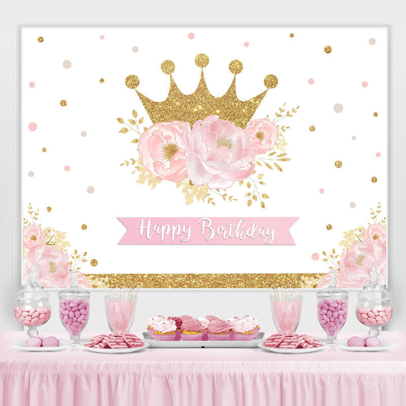 Lofaris Pink Gold Floral Crown Happy Birthday Party Backdrop for Girl