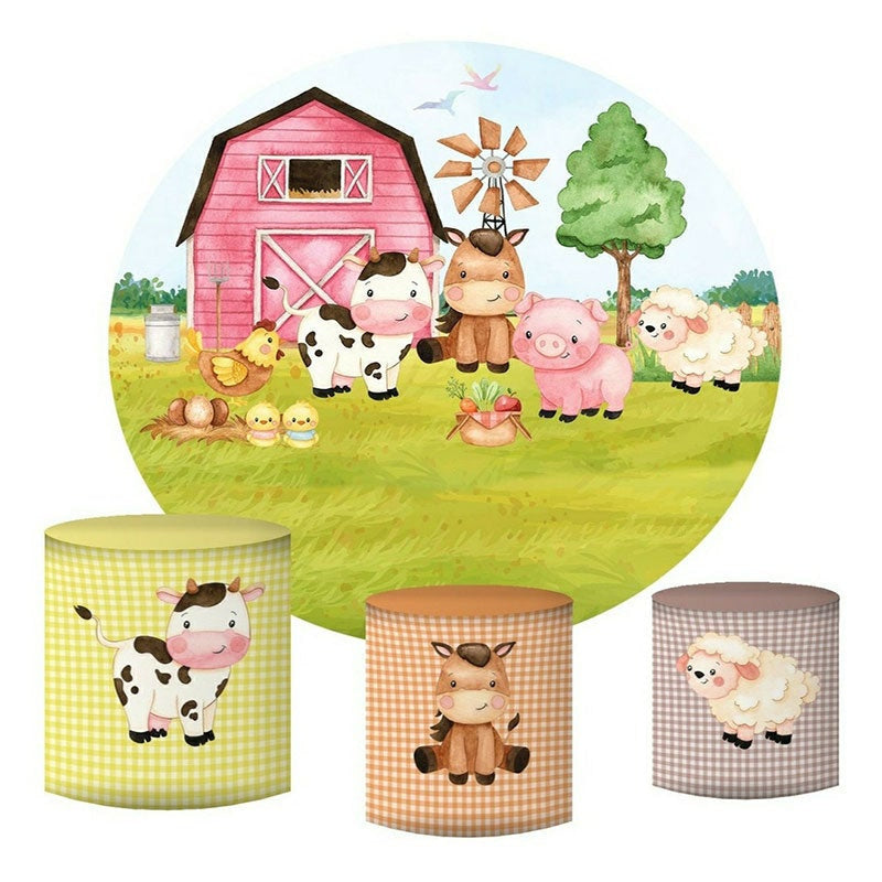 Lofaris Pink House And Animals Round Happy Birthday Backdrop