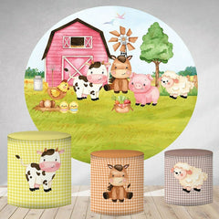 Lofaris Pink House And Animals Round Happy Birthday Backdrop