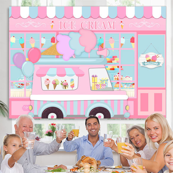Lofaris Pink Ice Cream Truck Shop Birthday Party Backdrop