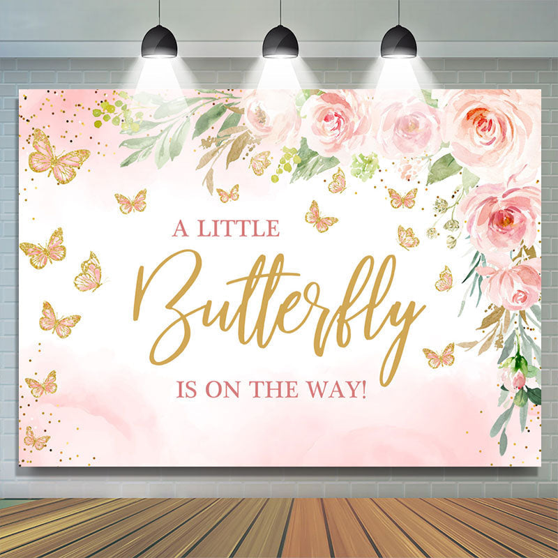 Pink Little Butterfly Flowers Baby Shower Backdrop Lofaris