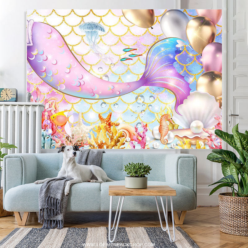 Lofaris Pink Mermaid Tail For Girls Birthday Party Photo Backdrop