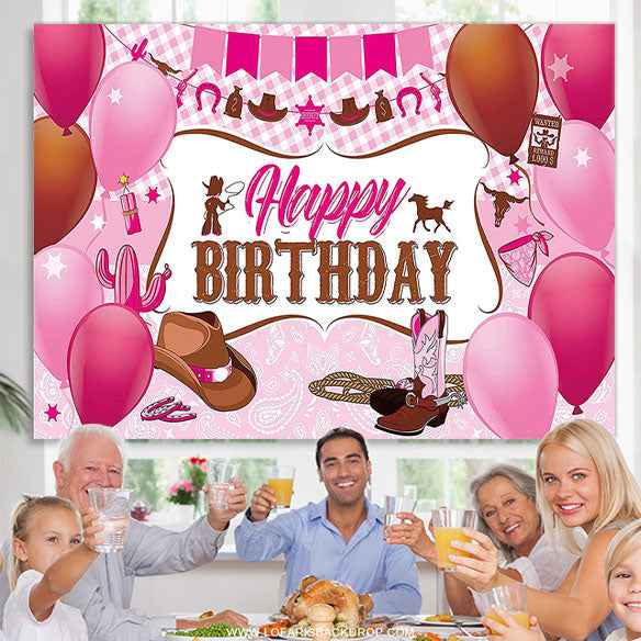 Lofaris Pink Plaid Balloon Cowgirl Happy Birthday Backdrop