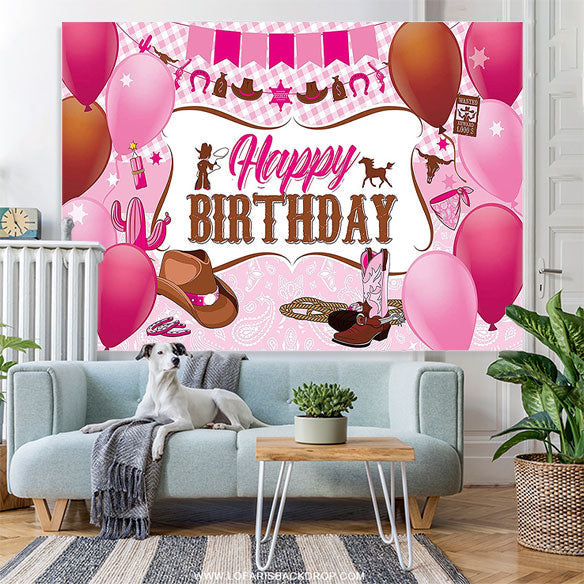Lofaris Pink Plaid Balloon Cowgirl Happy Birthday Backdrop