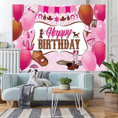 Lofaris Pink Plaid Balloon Cowgirl Happy Birthday Backdrop
