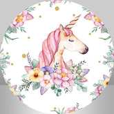 Lofaris Pink Purple Floral And Unicorn Round Birthday Backdrop