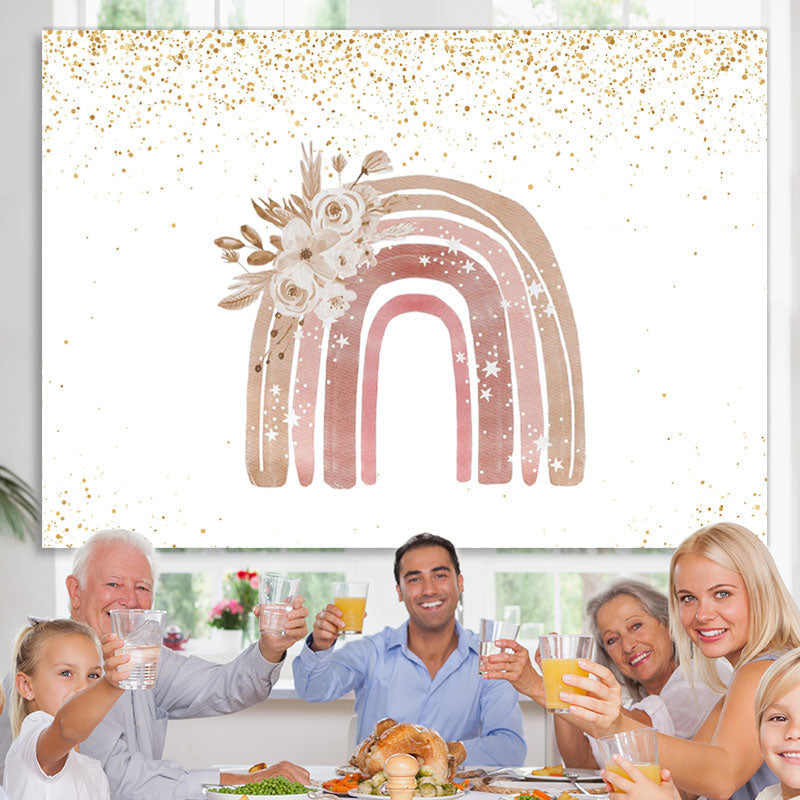 Lofaris Pink Rainbow Floral Golden Glitter Backdrop for Girl