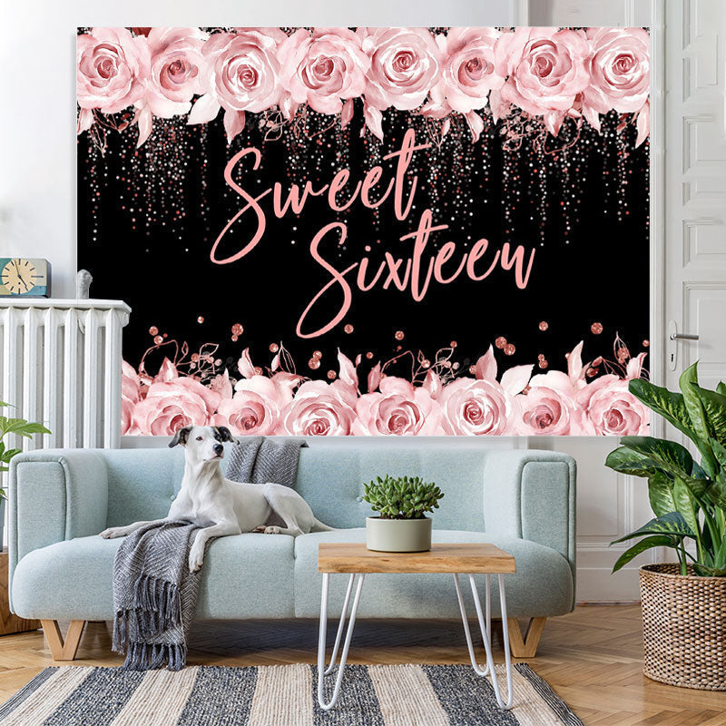 Lofaris Pink Rose And Black Glitter Sweet 16 Birthday Backdrop