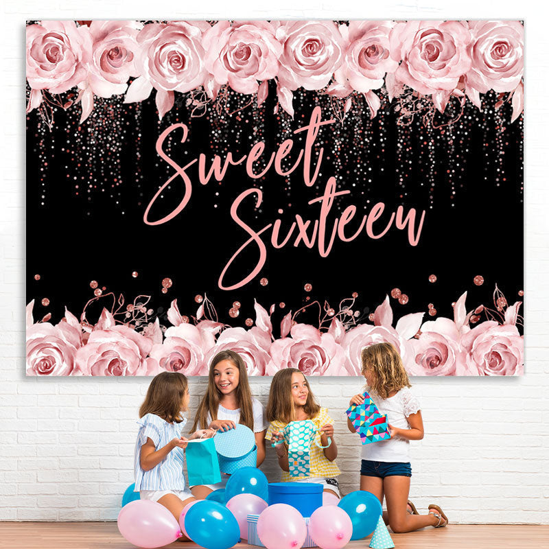Lofaris Pink Rose And Black Glitter Sweet 16 Birthday Backdrop