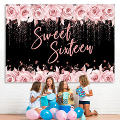 Lofaris Pink Rose And Black Glitter Sweet 16 Birthday Backdrop