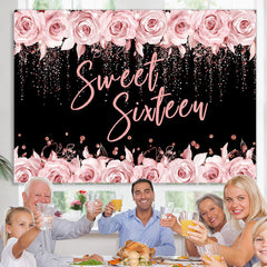 Lofaris Pink Rose And Black Glitter Sweet 16 Birthday Backdrop