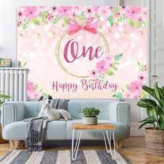 Lofaris Pink Rose and Bow Happy 1st Birthday Backdrop for Girl