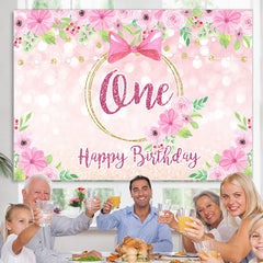 Lofaris Pink Rose and Bow Happy 1st Birthday Backdrop for Girl