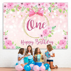 Lofaris Pink Rose and Bow Happy 1st Birthday Backdrop for Girl