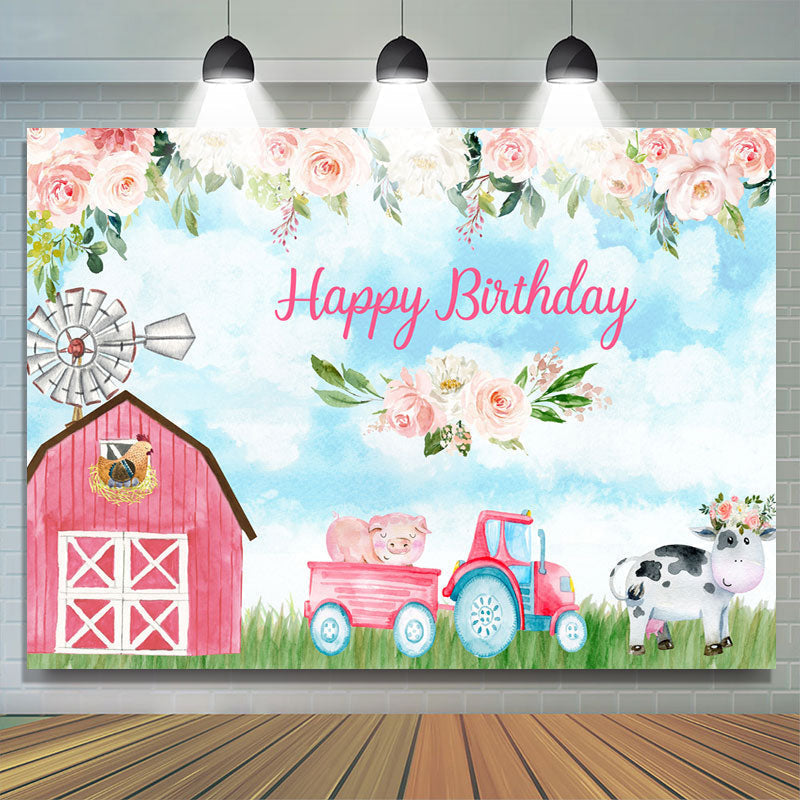 Lofaris Pink Rose Cute Farm Blue Sky Happy Birthday Backdrop
