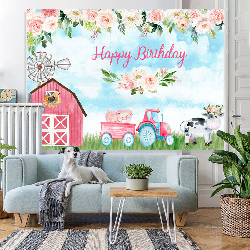 Lofaris Pink Rose Cute Farm Blue Sky Happy Birthday Backdrop