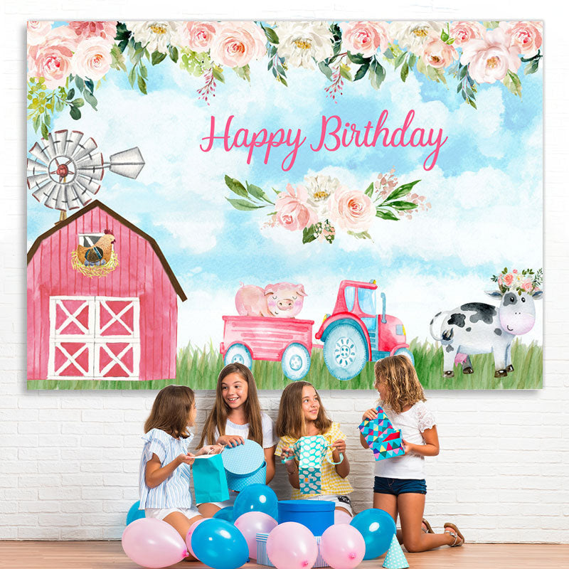 Lofaris Pink Rose Cute Farm Blue Sky Happy Birthday Backdrop