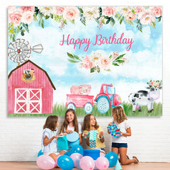 Lofaris Pink Rose Cute Farm Blue Sky Happy Birthday Backdrop
