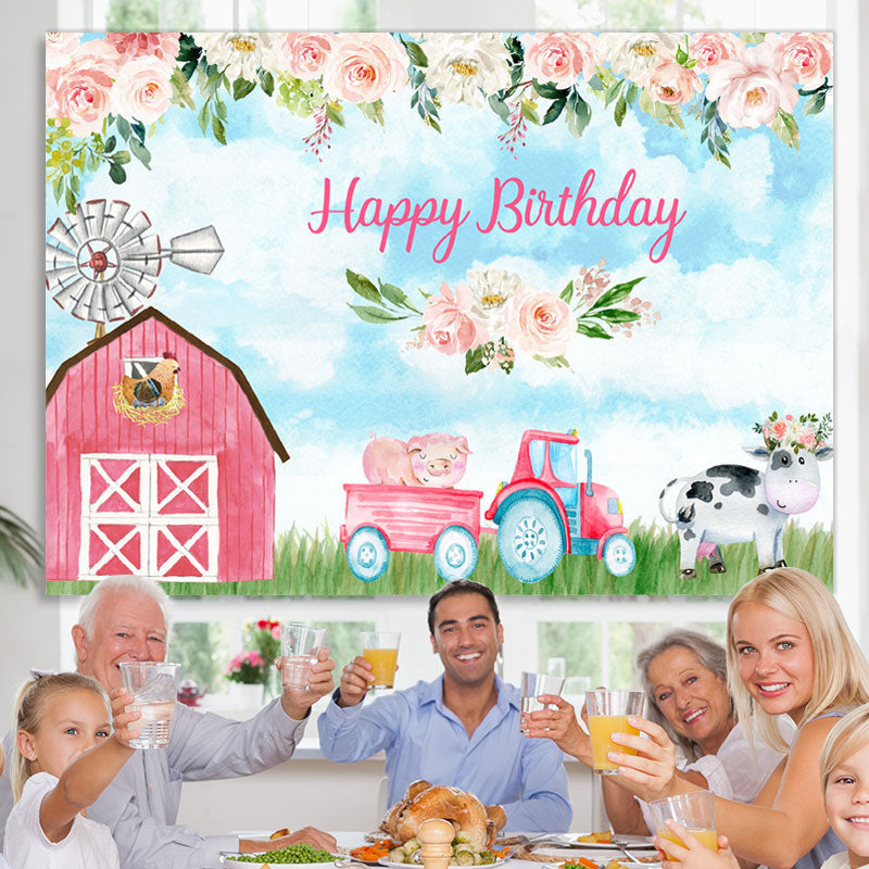 Lofaris Pink Rose Cute Farm Blue Sky Happy Birthday Backdrop