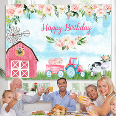 Lofaris Pink Rose Cute Farm Blue Sky Happy Birthday Backdrop