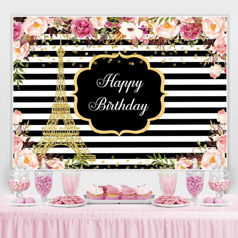 Lofaris Pink Roses White And Black Stripe Backdrop For Birthday