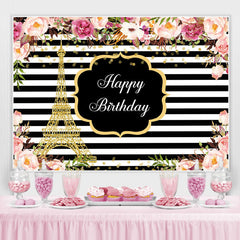 Lofaris Pink Roses White And Black Stripe Backdrop For Birthday