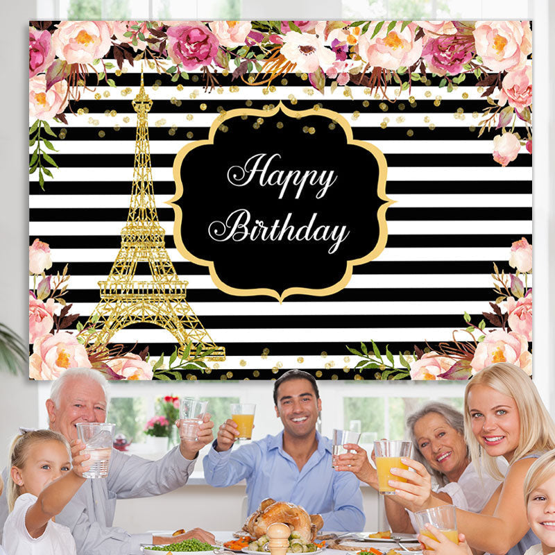 Lofaris Pink Roses White And Black Stripe Backdrop For Birthday