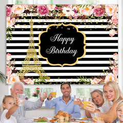 Lofaris Pink Roses White And Black Stripe Backdrop For Birthday