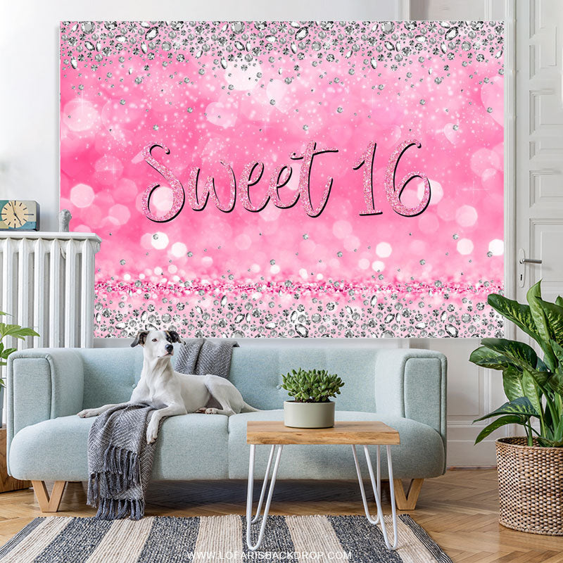 Lofaris Pink Silver Diamond Glitter Sweet 16 Birthday Backdrop