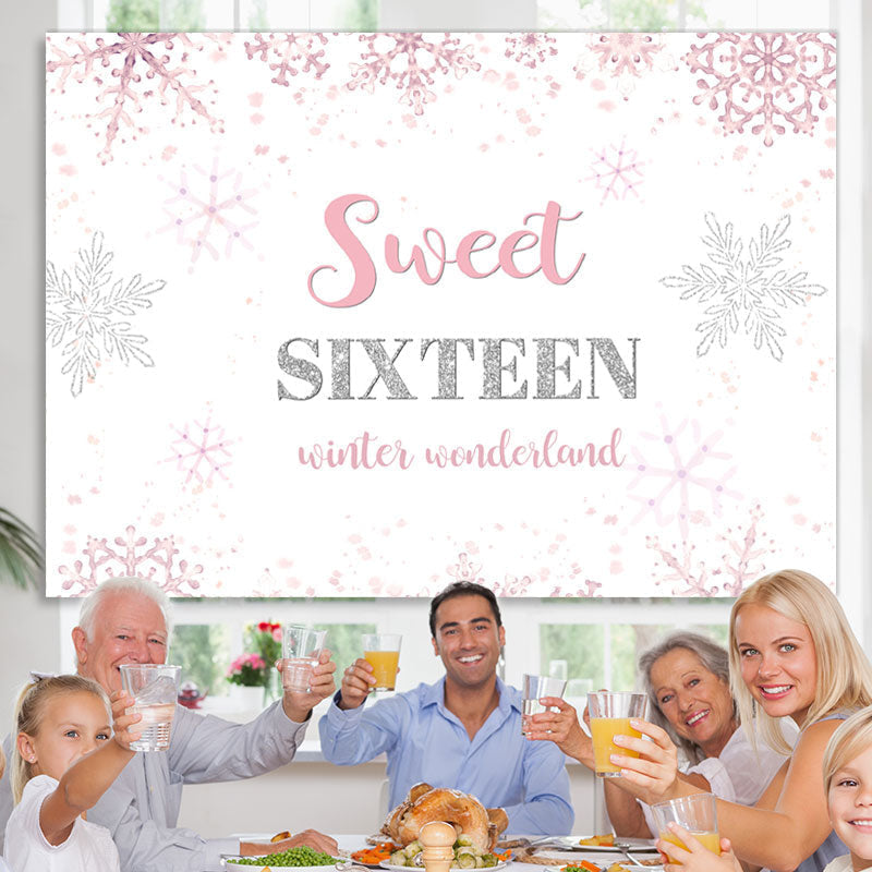 Lofaris Pink Snowflakes Sweet Sixteen Happy Birthday Backdrop