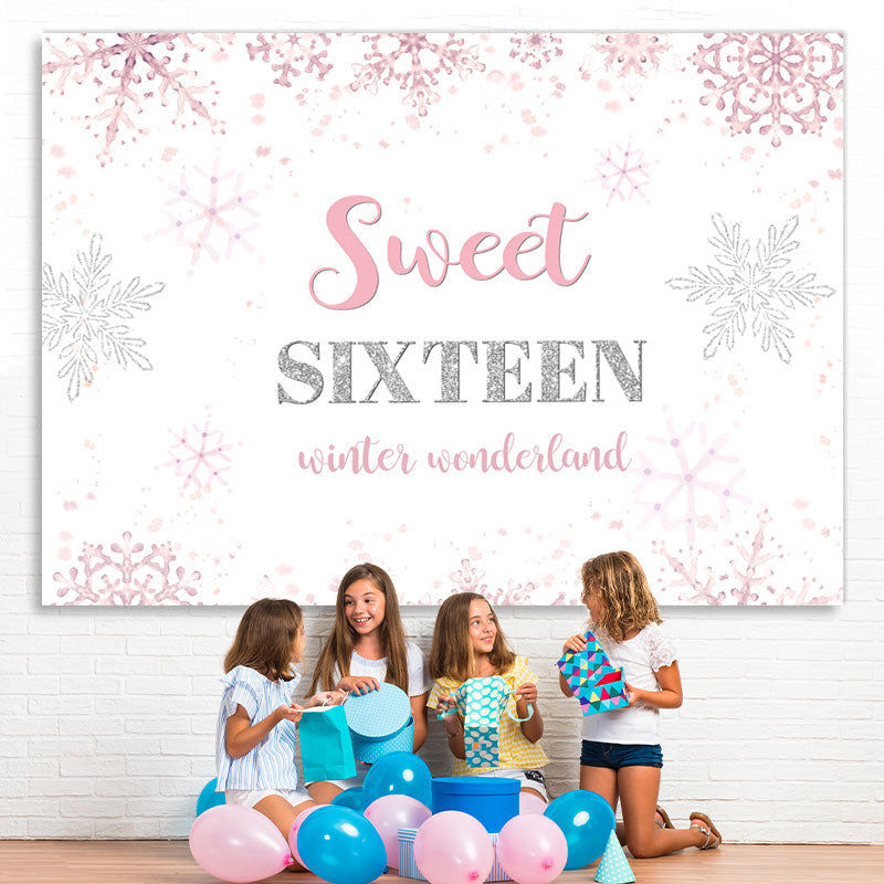 Lofaris Pink Snowflakes Sweet Sixteen Happy Birthday Backdrop