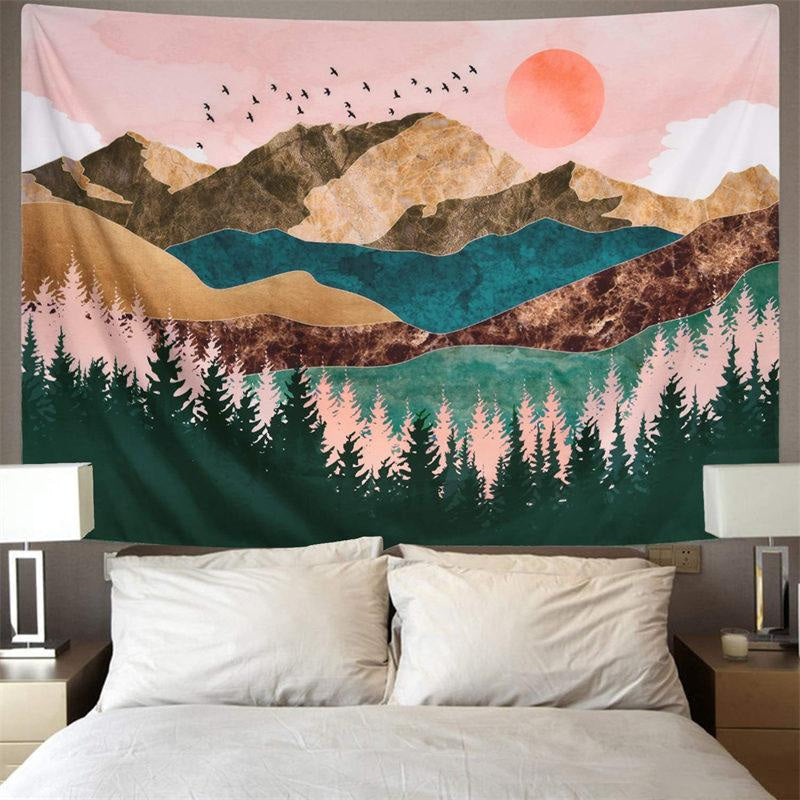 Lofaris Pink Sun Forest Mountain Abstract Landscape Wall Tapestry