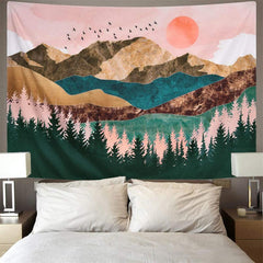 Lofaris Pink Sun Forest Mountain Abstract Landscape Wall Tapestry