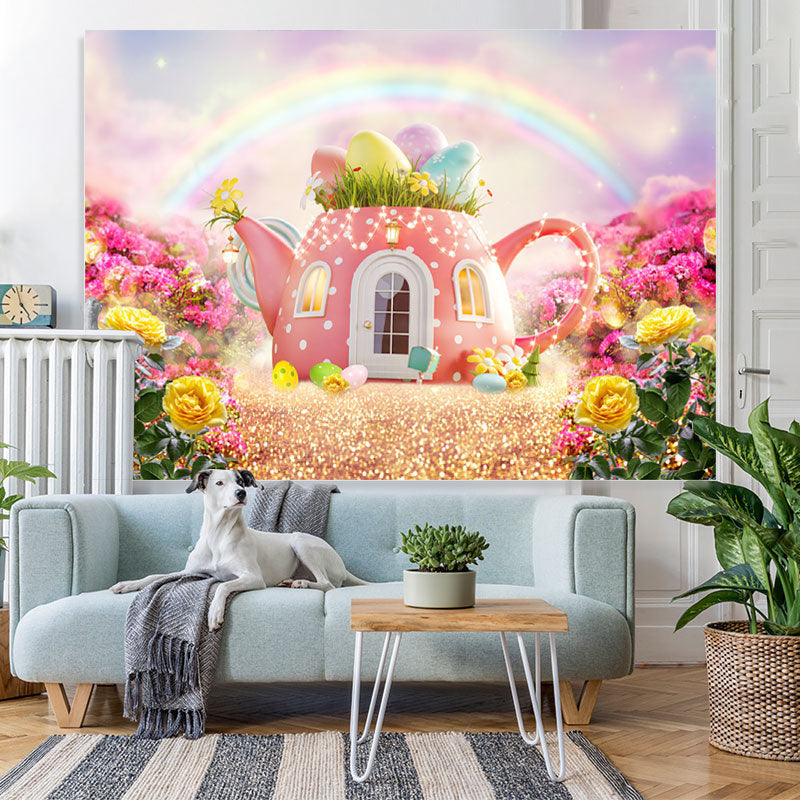 Lofaris Pink Teapot Rainbow Glitter And Floral Spring Backdrop