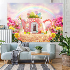 Lofaris Pink Teapot Rainbow Glitter And Floral Spring Backdrop