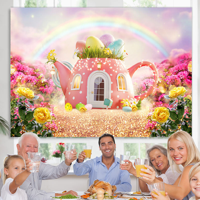 Lofaris Pink Teapot Rainbow Glitter And Floral Spring Backdrop