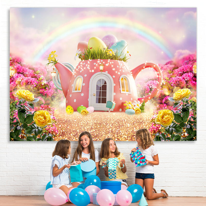 Lofaris Pink Teapot Rainbow Glitter And Floral Spring Backdrop