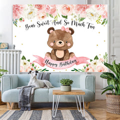 Lofaris Pink Teddy Bears and Blooming Flowers Birthday Backdrop