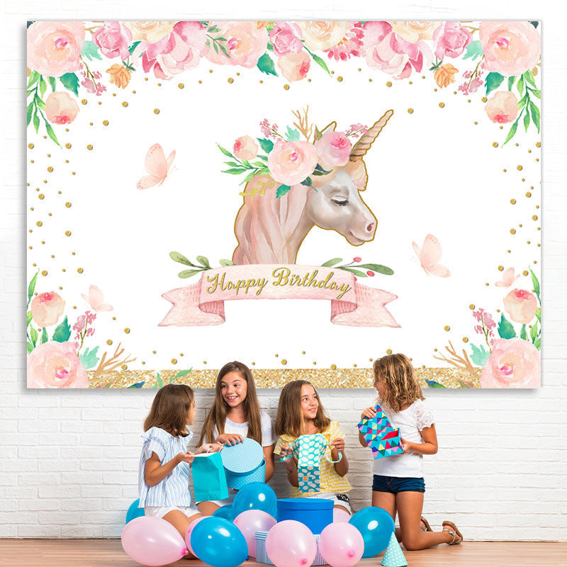 Lofaris Pink Unicorn Floral Gold Glitter Happy Birthday Backdrop