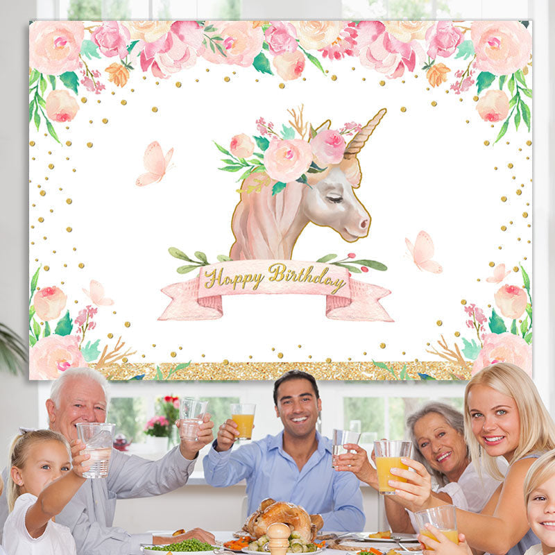 Lofaris Pink Unicorn Floral Gold Glitter Happy Birthday Backdrop
