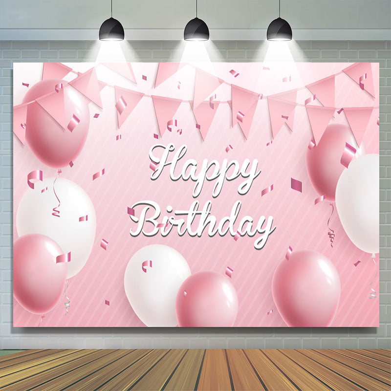 Pink White Balloon Ribbon Happy Birthday Backdrop for Girl